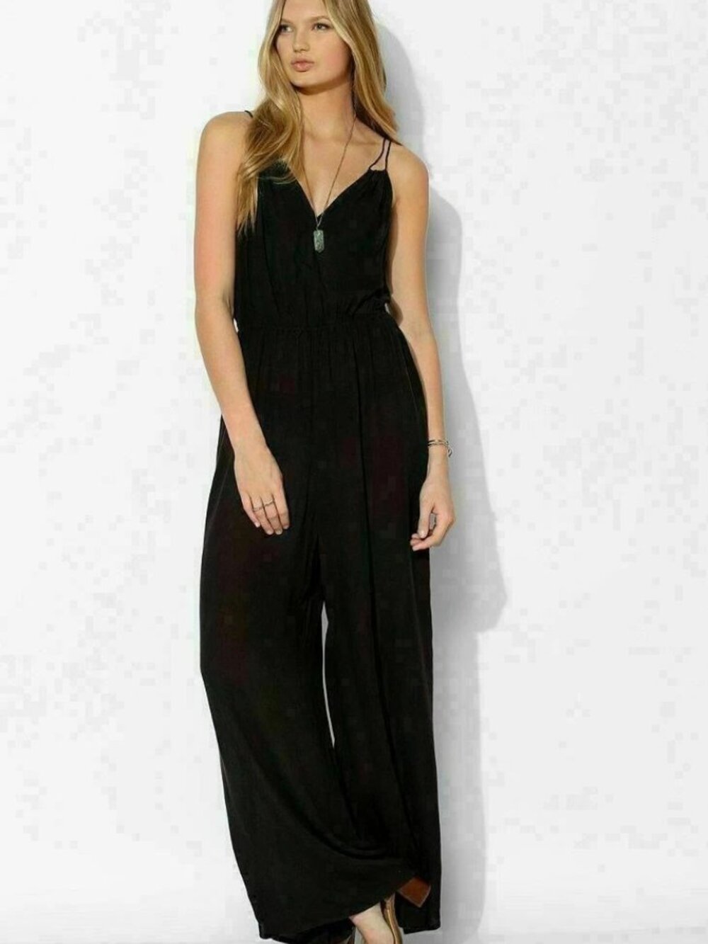 Ecote Urban Outfitters Gauze Double-Strap Jumpsuit Dress Black Wide-Leg M